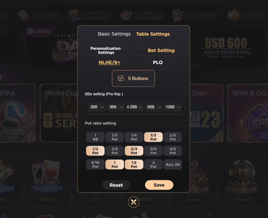 Bet settings